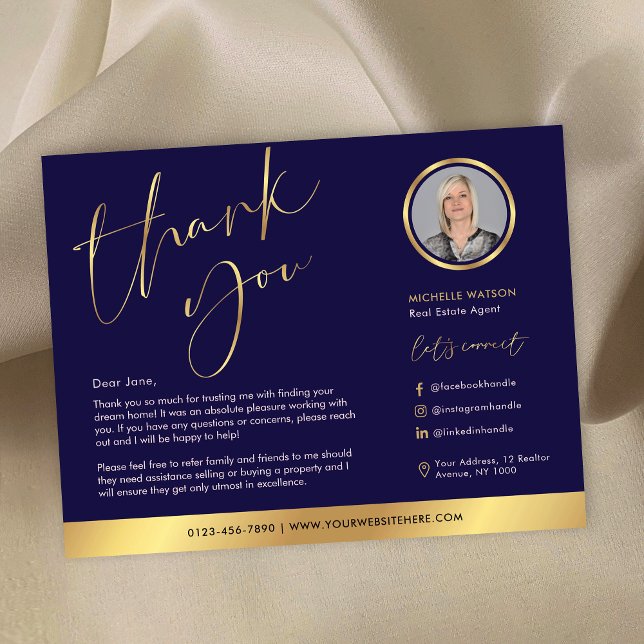 Tacken Navy & Guld Modern Real Gods Photo Kort (Navy and gold real estate agent thank you cards with space for your logo, photo and custom text)