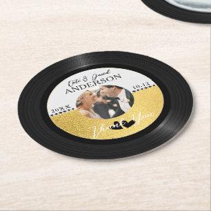 Tacken Retro Vinyl Record Photo Wedding Favor Underlägg Papper Rund