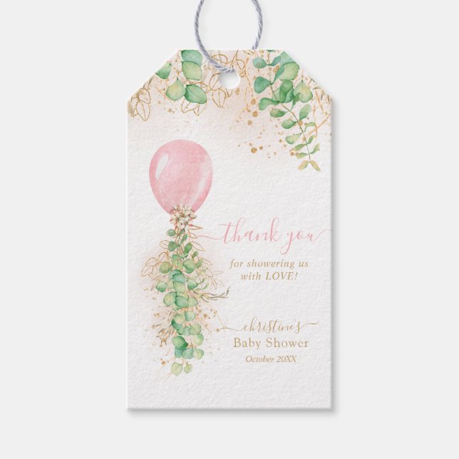 Tacken Rosa Balloon Greenery Baby Shower Presentetikett (Framsidan)