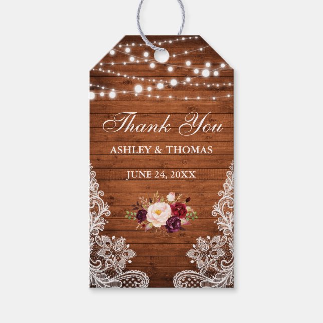 Tacken Rustic Bröllop Wood Ljus Snöre Blommigt Presentetikett (Framsidan)