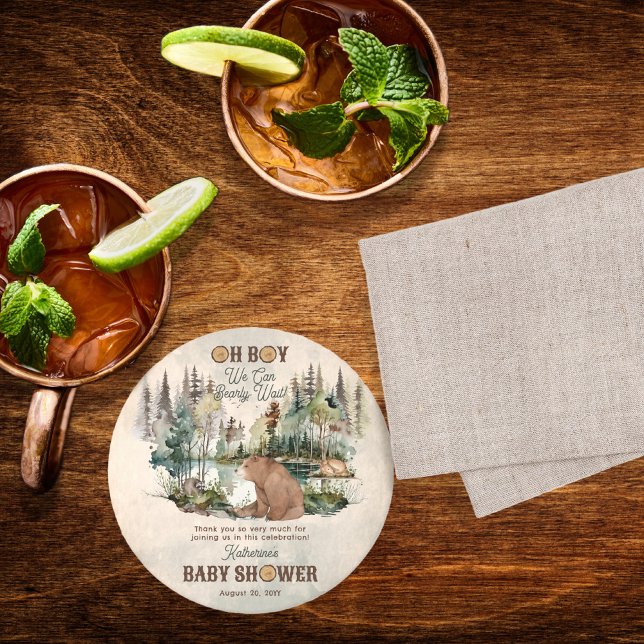Tacken Rustic Forest Barly Wait Baby Shower Underlägg Papper Rund ("Oh Boy We Can Bearly Wait!" Rustic Woodland Bear and Forest Animals Baby Shower Round Coasters)