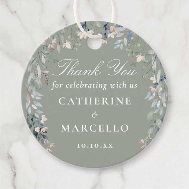 Tacken Sage Grönt Blommigt Bröllopsförmån Gåvor Etiketter (Framsida)