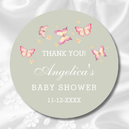 Tacken Sage Grönt Rosa Butterfly Baby Shower Runt Klistermärke