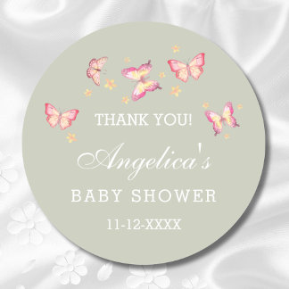 Tacken Sage Grönt Rosa Butterfly Baby Shower Runt Klistermärke