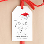 Tacken Santa Baby Baby Shower Presentetikett<br><div class="desc">Märkre för julklappen till julhelgen duschar party favors med "Santa Baby" och "Tack" i ett elegant med en hjärtslagg och en vattenfärgad illustration av en röd Jultomten hatt. Anpassa med mor namn och duschdatum i enkel modern typografi.</div>
