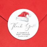Tacken Santa Baby Baby Shower Runt Klistermärke<br><div class="desc">Cute-klistermärken för din julhelg i julen duschar korrespondensen och party favors med "Tack" i ett elegant med en hjärtslagg och en vattenfärgad illustration av en röd Jultomten-hatt. Anpassa med mor namn och duschdatum i enkel modern typografi.</div>