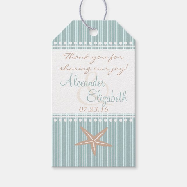 Tacken Starfish Blue Beach Wedding Guest Favor Presentetikett (Framsidan)