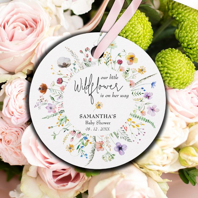 Tacken Wildblommans vattenfärg Babykläder Gåvor Etiketter (Wildflower Watercolor Baby Shower Thank You Round Favor Tags)