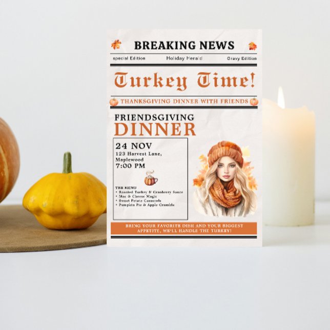 Tackfest middag för vänner i tidningsformat Höst Inbjudningar (Newspaper Friendsgiving Dinner Thanksgiving Fall Invitation simple minimalist pumpkin funny unique)