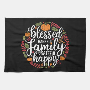 Tackfull och lycklig familj Thanksgiving-middag Kökshandduk