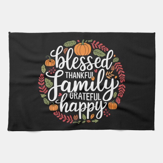 Tackfull och lycklig familj Thanksgiving-middag Kökshandduk (Horisontell)