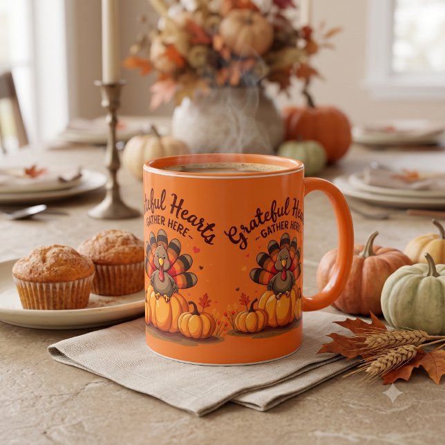 Tackfulla Hjärtan Tackgaving Kalkon Orange Mugg (Grateful Hearts Thanksgiving Turkey Orange Mug)