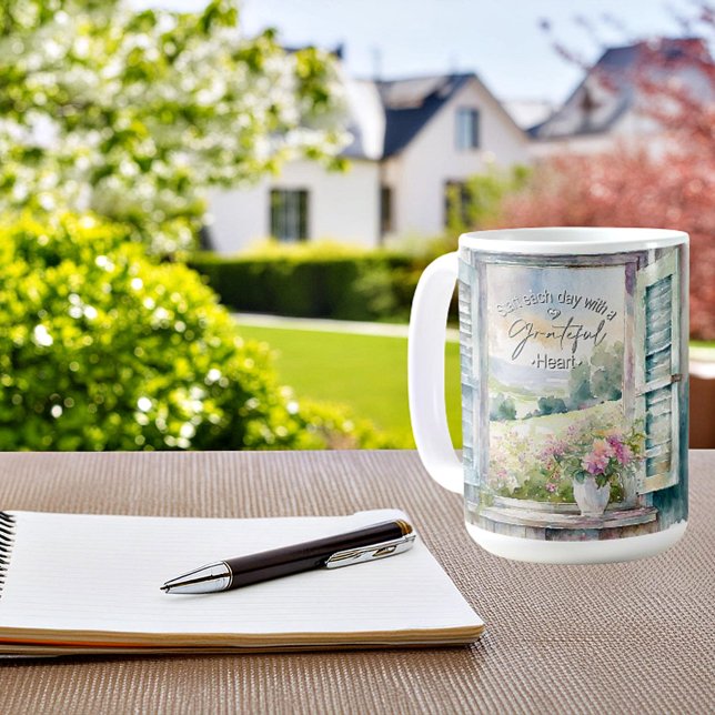 Tackfullt hjärta akvarell blomsterfönster  kaffemugg (Skapare uppladdad)