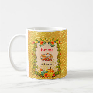 Tackgivelse, lönnlöv, pumpor och blommor kaffemugg