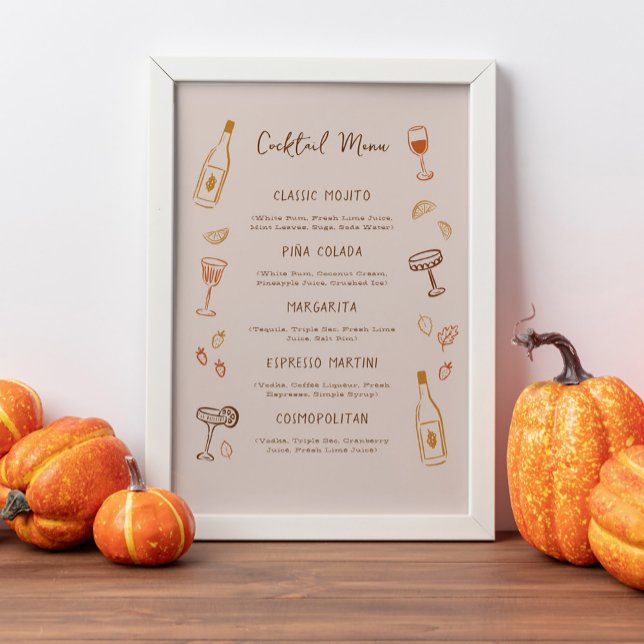 Tackgiving Handritad Signatur Drinkmeny Poster (Friendsgiving or Thanksgiving signature cocktail menu sign with fall doodles)
