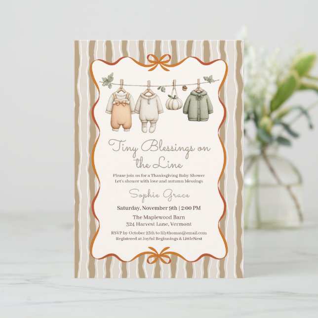 Tackgivningsdag Babyshower Flicka | Mysig Klädstre Inbjudningar (Stående Fram)
