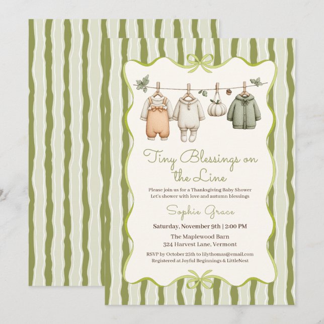 Tackgivningsdag Babyshower Flicka | Mysig Klädstre Inbjudningar (Fram/baksida)