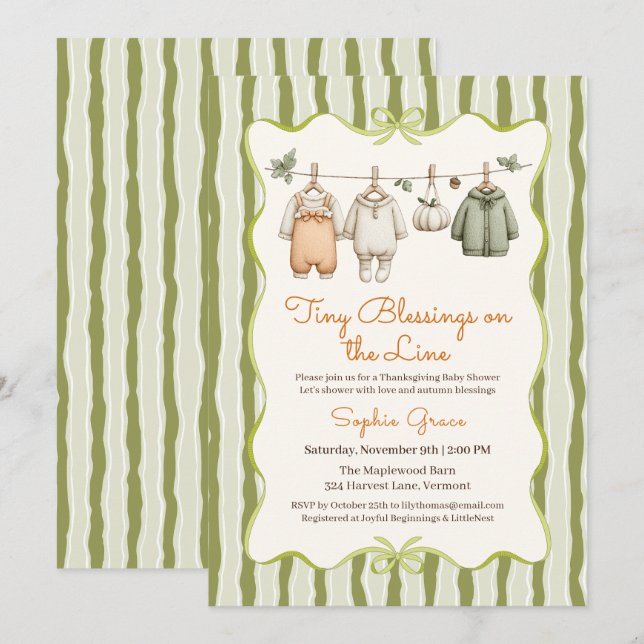 Tackgivningsdag Babyshower Flicka | Mysig Klädstre Inbjudningar (Fram/baksida)