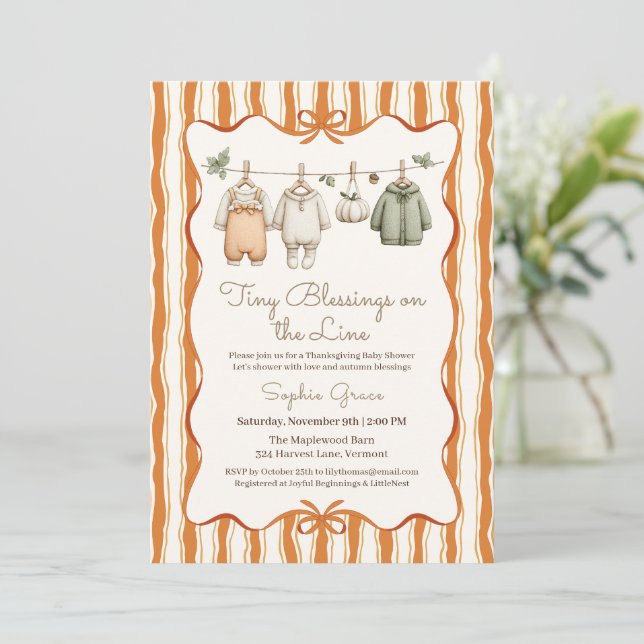 Tackgivningsdag Babyshower Flicka | Mysig Klädstre Inbjudningar (Stående Fram)