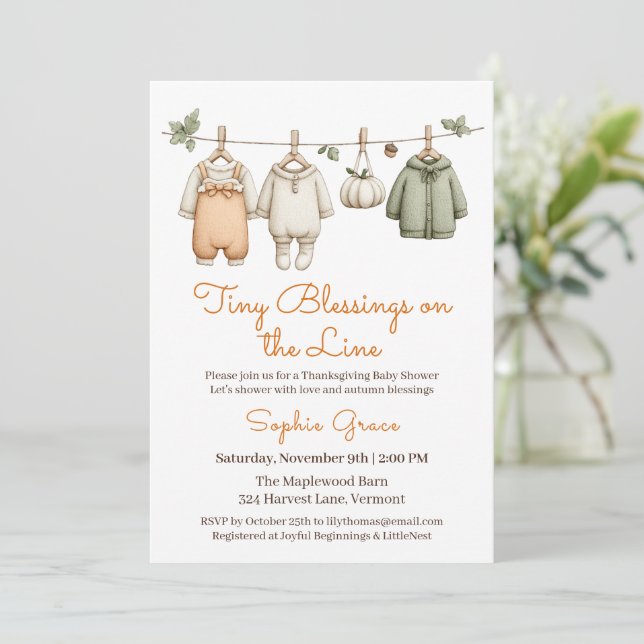 Tackgivningsdag Babyshower Flicka | Mysig Klädstre Inbjudningar (Stående Fram)