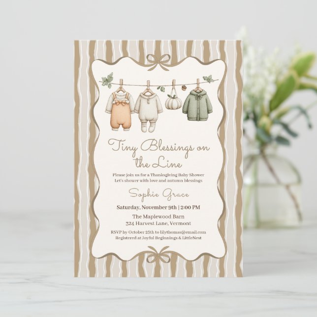 Tackgivningsdag Babyshower Flicka | Mysig Klädstre Inbjudningar (Stående Fram)
