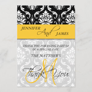 Tackkort Damask Monogram Namn Gul Tack Kort