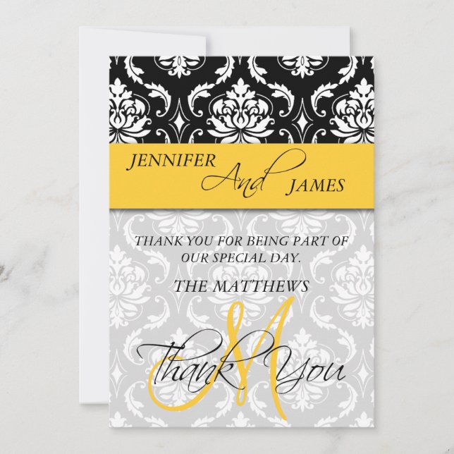 Tackkort Damask Monogram Namn Gul Tack Kort (Framsida)