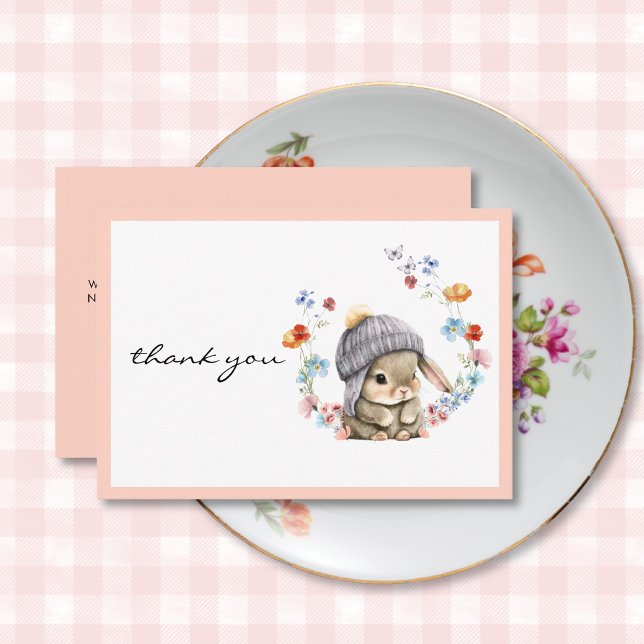 Tackkort för 1-årsdag med akvarellvildblomma kanin tack kort (Watercolor Wildflower Bunny 1st Birthday Thank You Card 1)