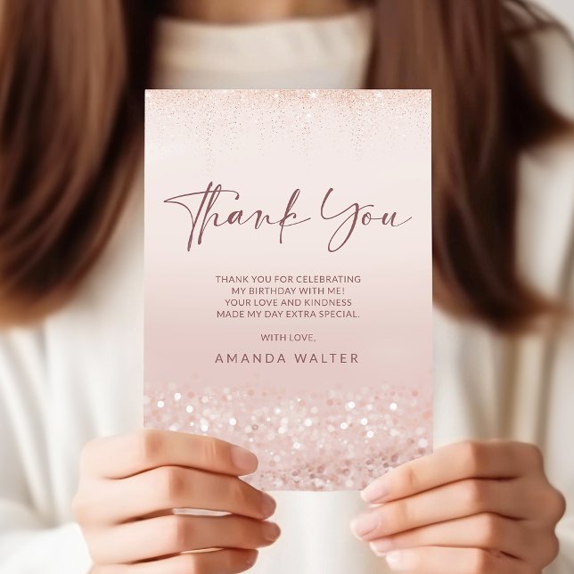 Tackkort för 21-årsdag med roséguldglitter tack kort (Rose Gold Glitter 21st Birthday Thank You Card)