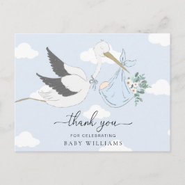 Tackkort för baby shower med blå stork vykort