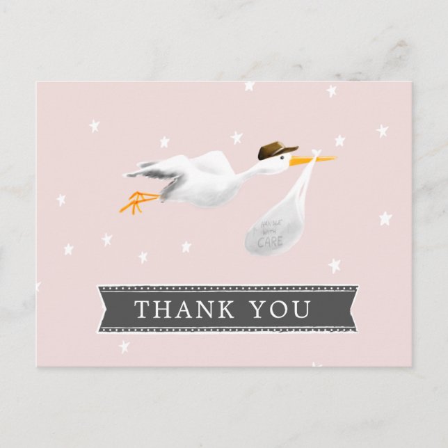 Tackkort för baby shower med stork vykort (Framsida)
