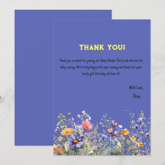 Tackkort för baby shower med vilda blommor tack kort (Fram/baksida)