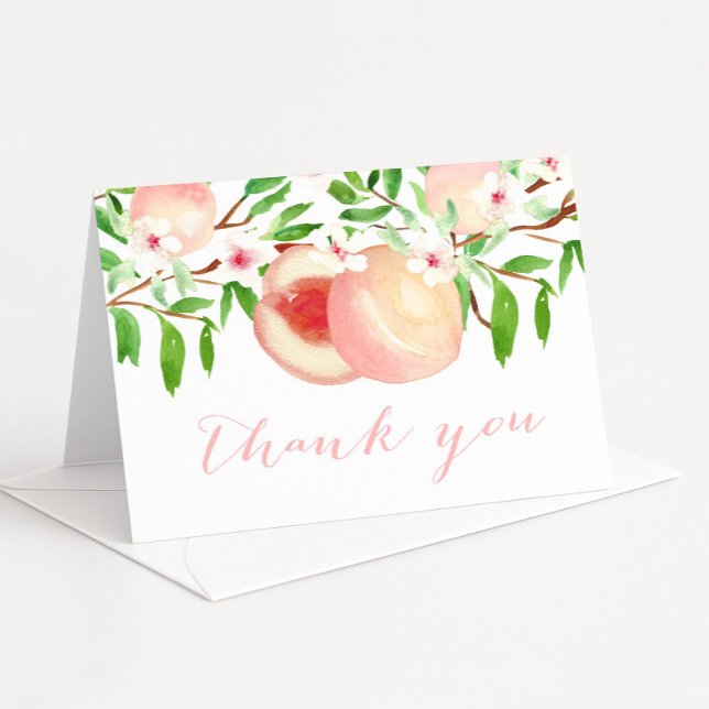 Tackkort för baby shower, Persikaodling (Sweet as a peach folding thank you card design featuring pretty watercolor peaches and leaves)