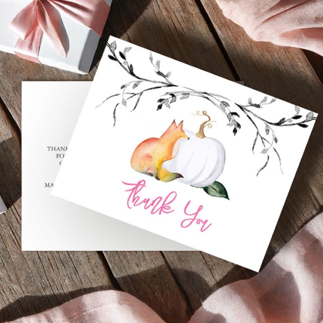 Tackkort för baby shower Pumpkin & Fox Vykort (Thank you postcards watercolor fox and white pumpkin girl )