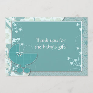Tackkort för baby shower turkos barnvagn tack kort