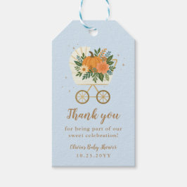 Tackkort för babyfest med blå pumpor presentetikett