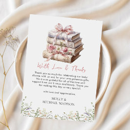 Tackkort för babyfest med rosa rosett och bok tack kort