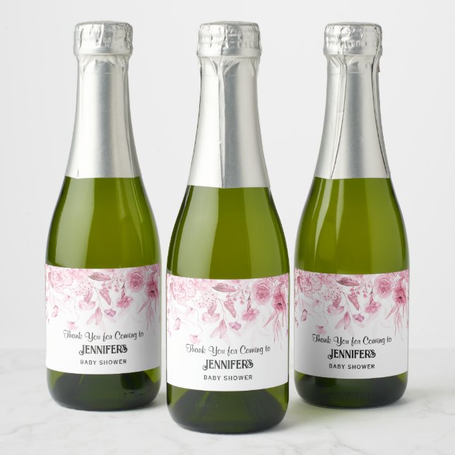 Tackkort för babyfirande med rosa blommotiv (Flaskor)