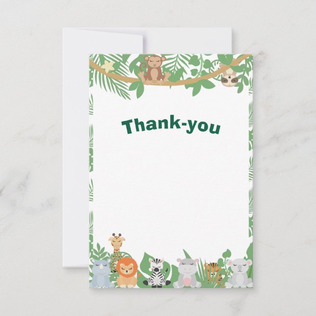 Tackkort för barnkalas med djungeldjur tack kort (Framsida)