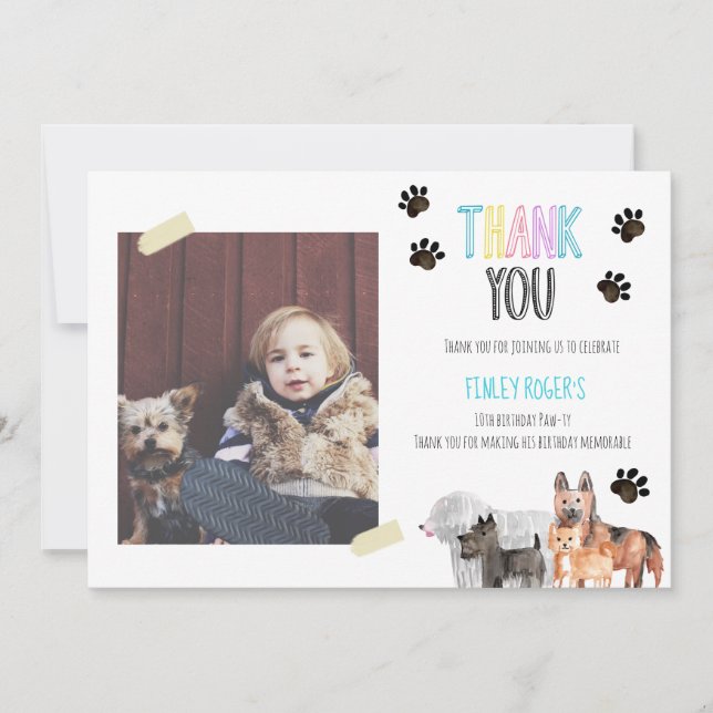 Tackkort för barnkalas med hundtema tack kort (Framsida)