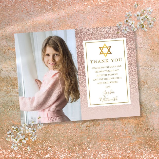 Tackkort för Bat Mitzvah med roséguld glitterfoto Vykort (Bat Mitzvah Rose Gold Glitter Photo Thank You Postcard)