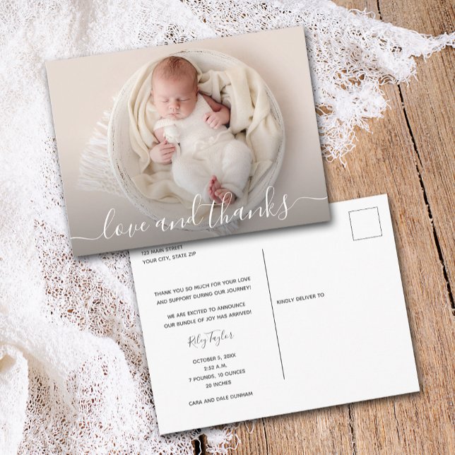 Tackkort för bebisfoto för födelseannonsering vykort (Newborn baby photo thank you birth announcement postcards)