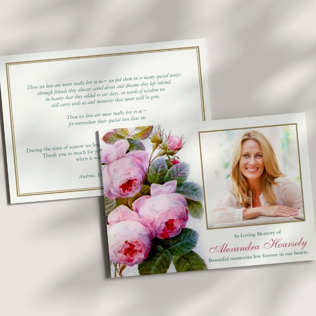 Tackkort för begravning | Vintage rosa rosor Inbjudningar (Sympathy Botanical Pink Peony Roses Memorial Bereavement Funeral Thank You Cards)