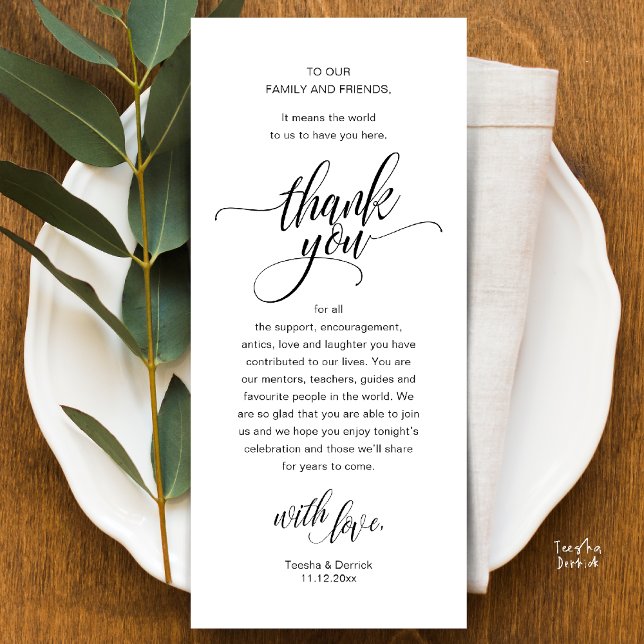 Tackkort för Bordskort på Bröllopsfesten Program (Modern Script Wedding Guest Dinner Reception Brunch Lunch Thank You Card in Black and White)