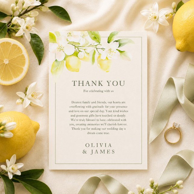 Tackkort för bröllop i citronblom och elfenbensfär tack kort (Lemon Blossom Ivory Garden Wedding Thank You Card)
