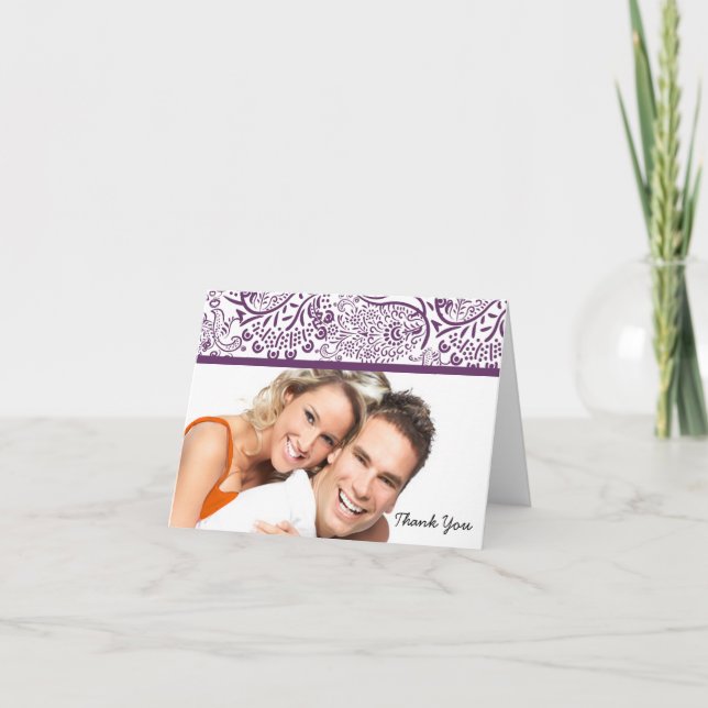 Tackkort för bröllop med älskande fåglar i plommon (Framsida)