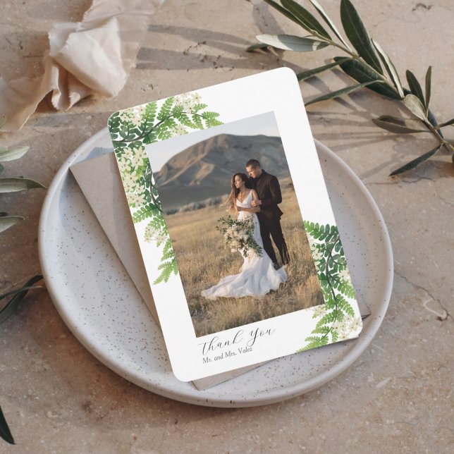 Tackkort för Bröllop med Blommande Ormbunksfoto Tack Kort (Skapare uppladdad)