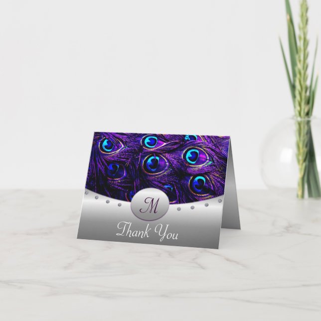 Tackkort för bröllop med lila påfågel (Framsida)