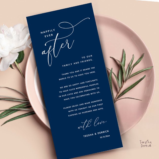 Tackkort för bröllopsmiddag med lyckligt slut program (Welcome and Thanks, Happily Ever After Modern Wedding Dinner Thank You Card in Classy Navy Blue)