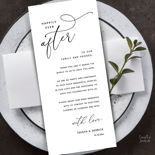 Tackkort för bröllopsmiddag program (Happily Ever After Wedding Dinner Thank You Card)